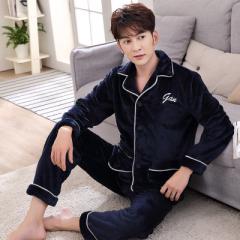 Yanman winter new flannel lovers pajamas thickened men`s Korean version of women`s home wear suite t Men`s wear (navy blue) l